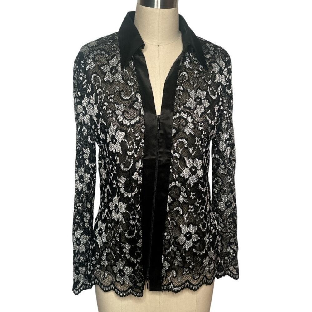 Vintage Victor Costa Black Silver Lace Top - Size M